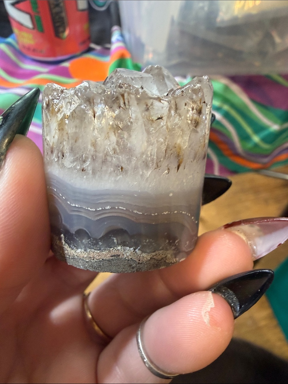 Natural Grey Banded Agate Crystal Geode Accent